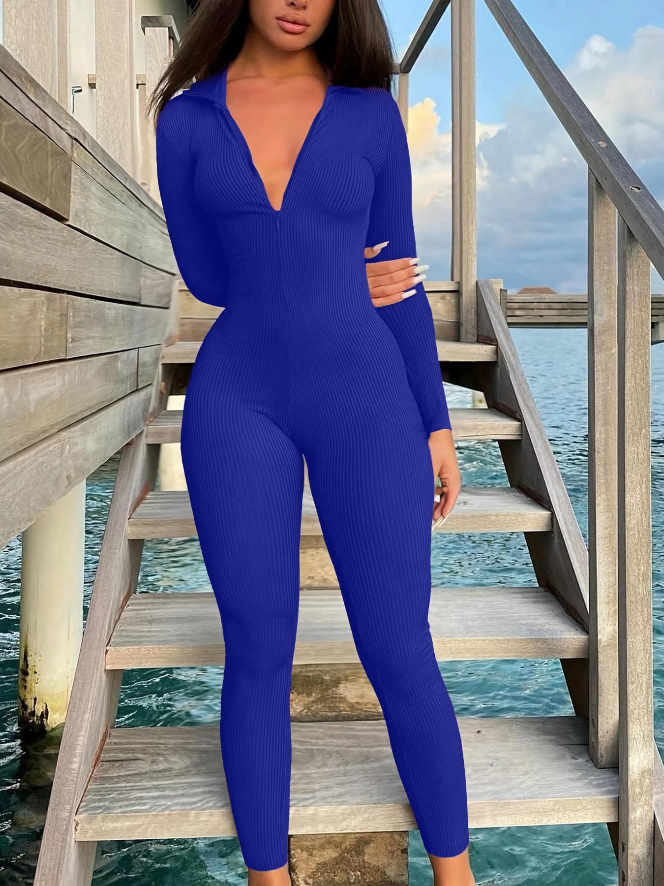 Casual Ribbed Zip-up Jumpsuit Long Sleeves by GJG Denim