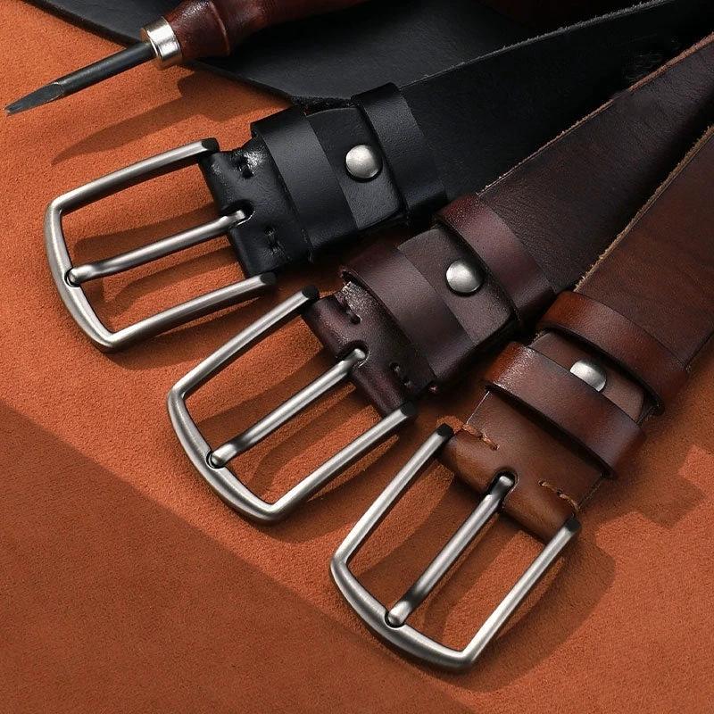 Men's First Layer Leather Alloy Buckle Belt by GJG Denim