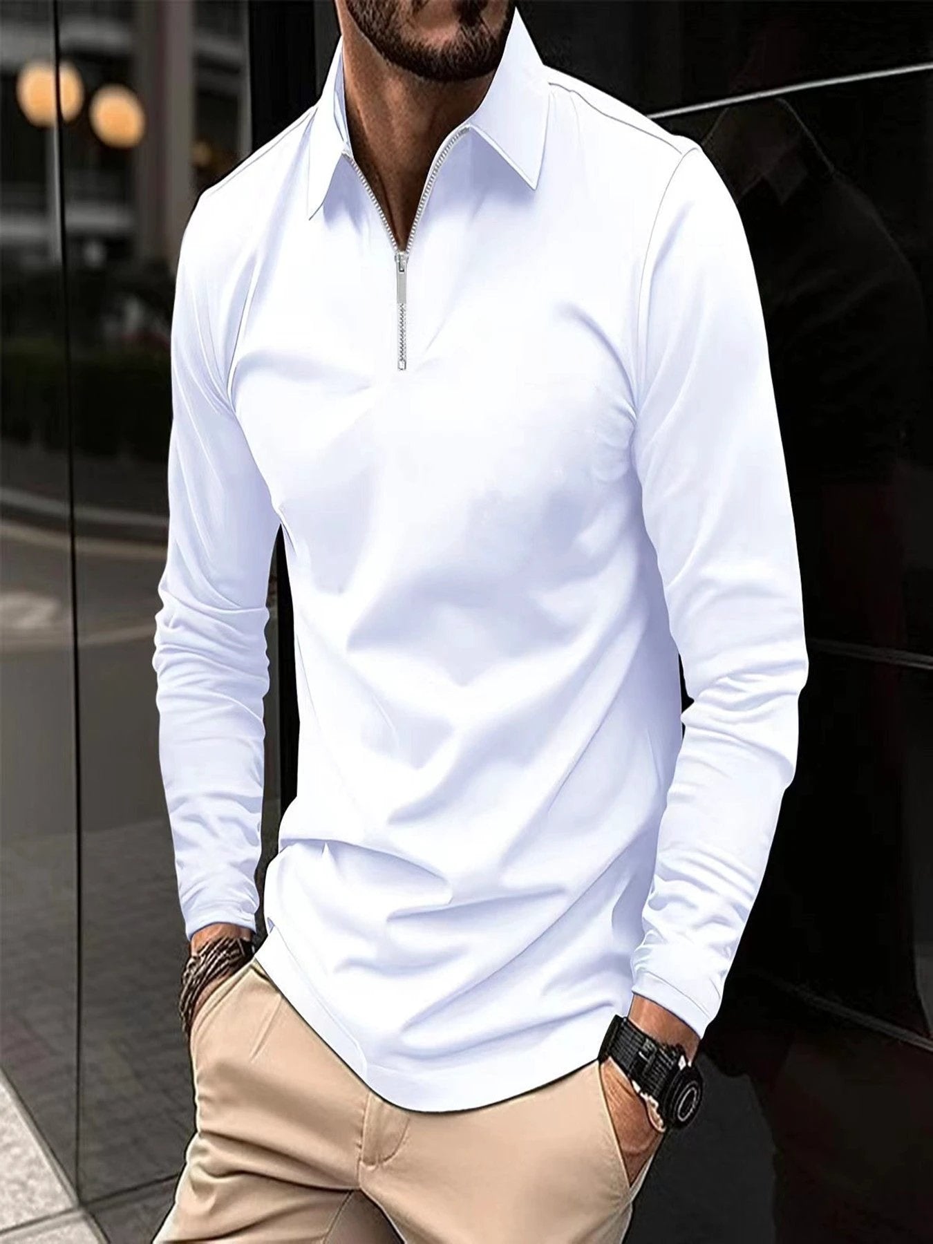 Zipper Men's Solid Color Long Sleeve Sports Polo Shirt by GJG Denim