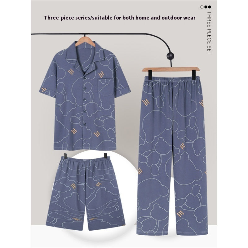 Men's Pajamas Cotton Short Sleeve Trousers Three-piece Set by GJG Denim