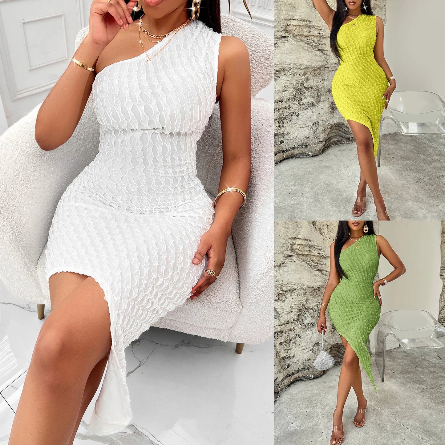 Slant Neck Solid Fit Wrap Hip Dress by GJG Denim
