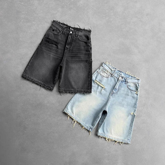 Men's Ripped Washed Denim Shorts by GJG Denim