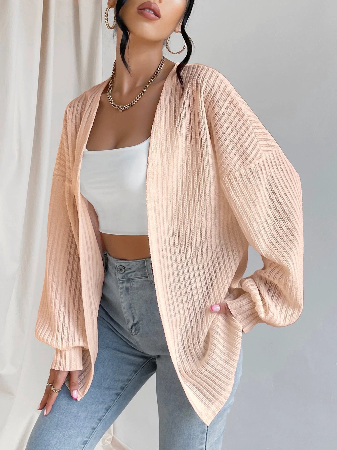 Knitted Cardigan Wide Shoulder Long Sleeve Top by GJG Denim