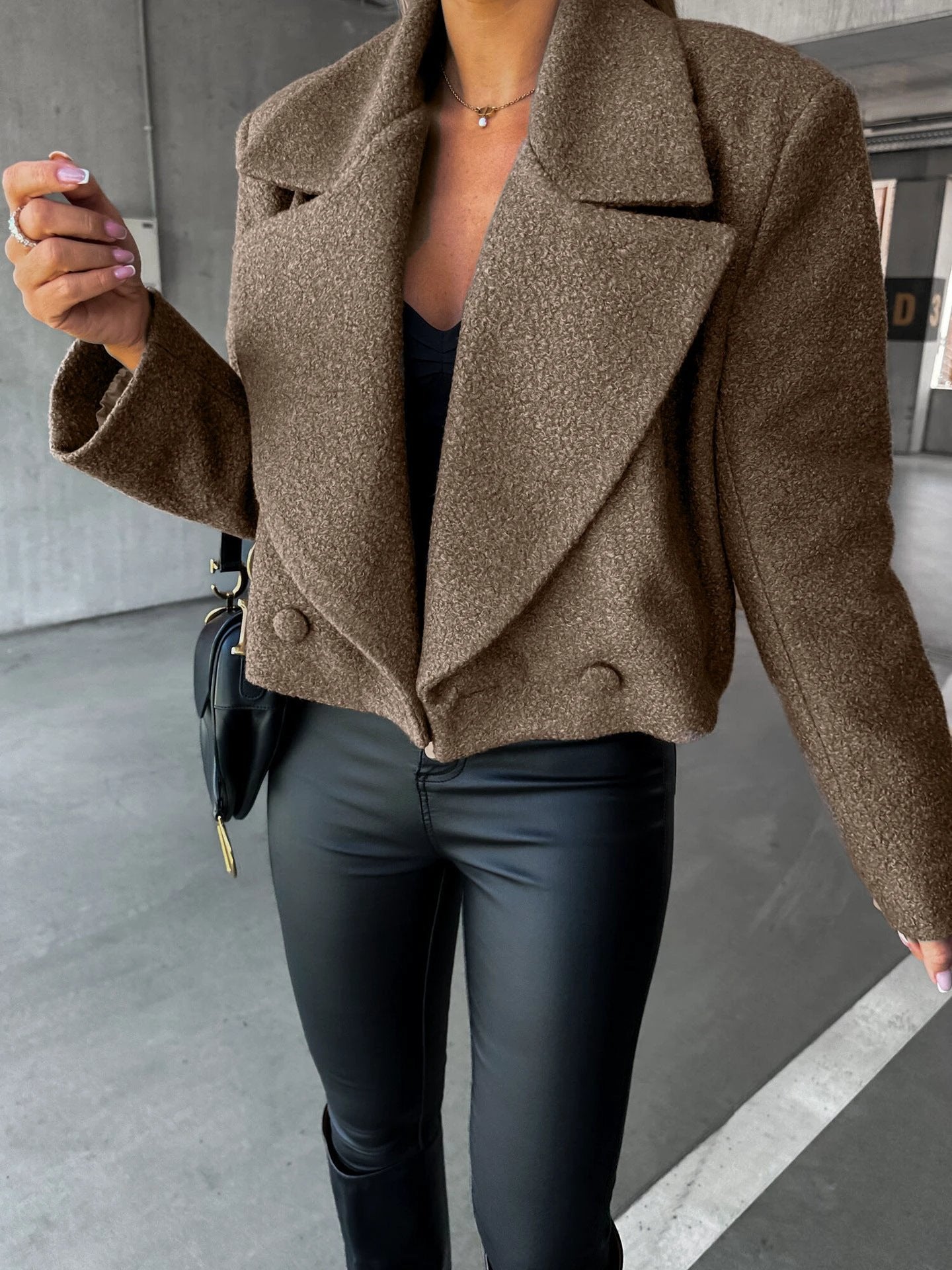 Trendy Woolen Cropped Oversized Coat With A Stand-up Collar In A Solid Color by GJG Denim
