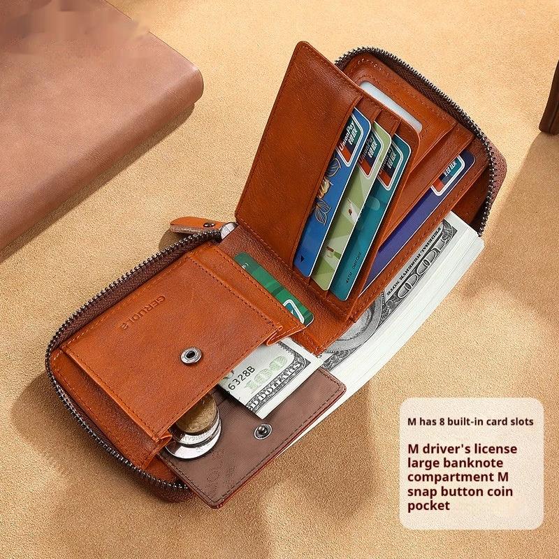 Men's Cowhide Wallet With Multiple Card Slots And A Zipper by GJG Denim