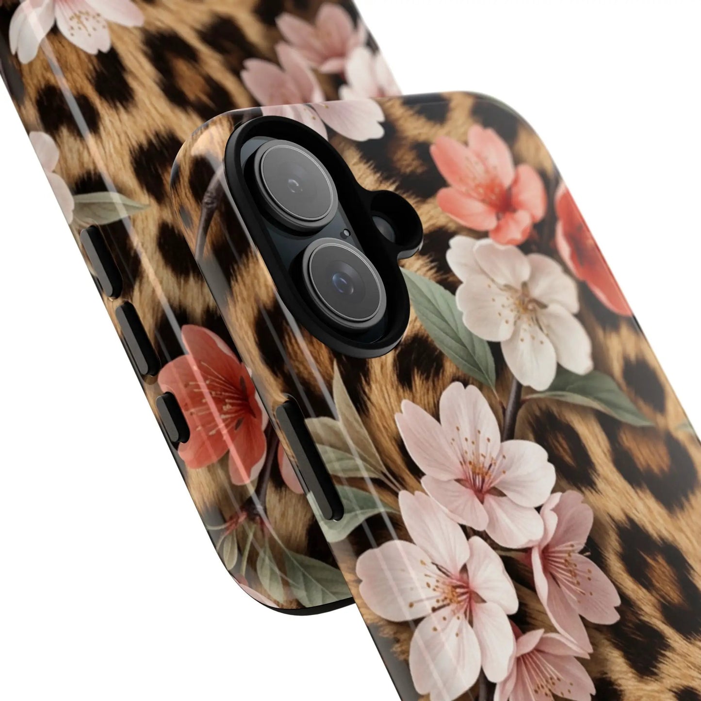 Leopard Floral Tough Case — Protective Phone Case with Pink Cherry Blossoms by Printify