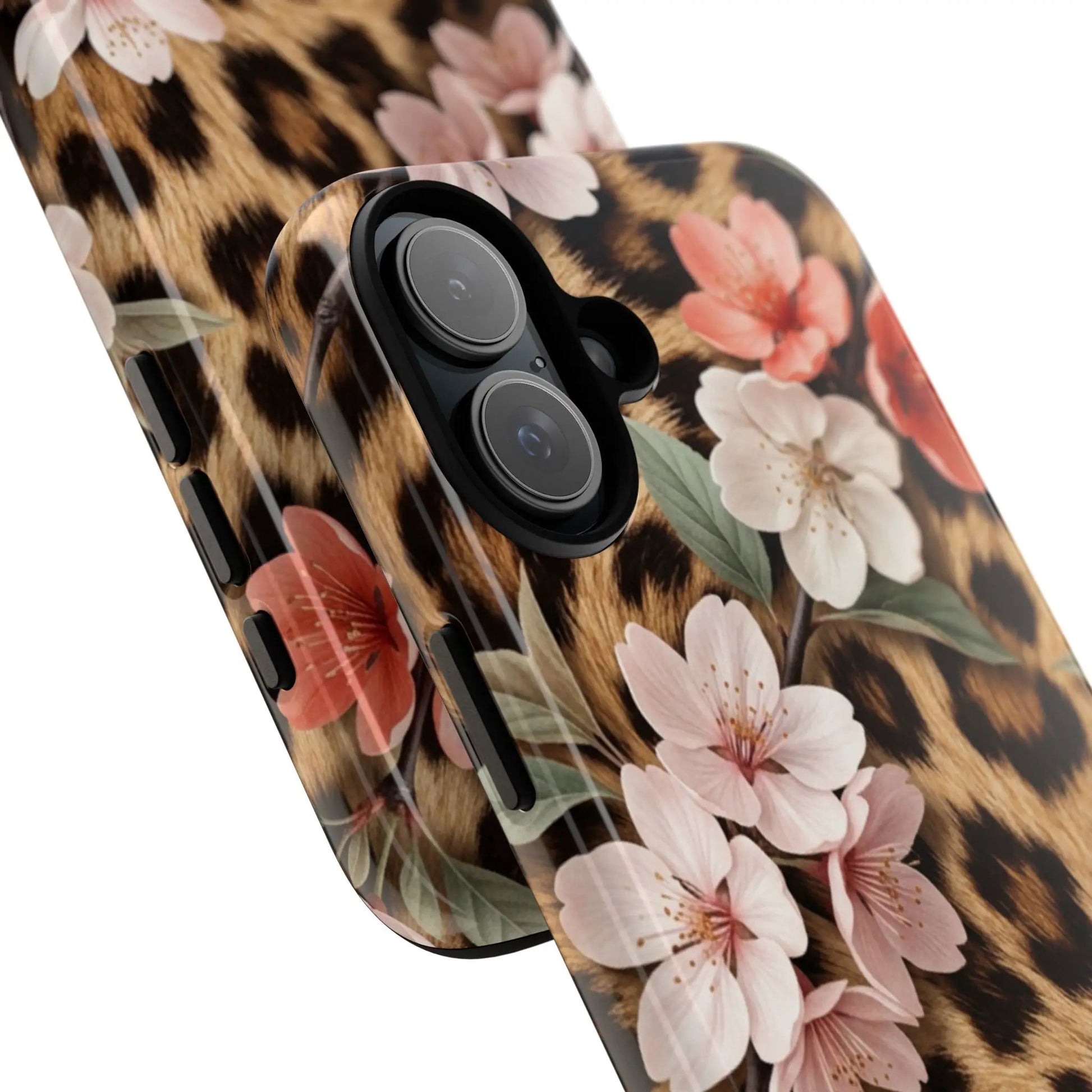Leopard Floral Tough Case — Protective Phone Case with Pink Cherry Blossoms by Printify