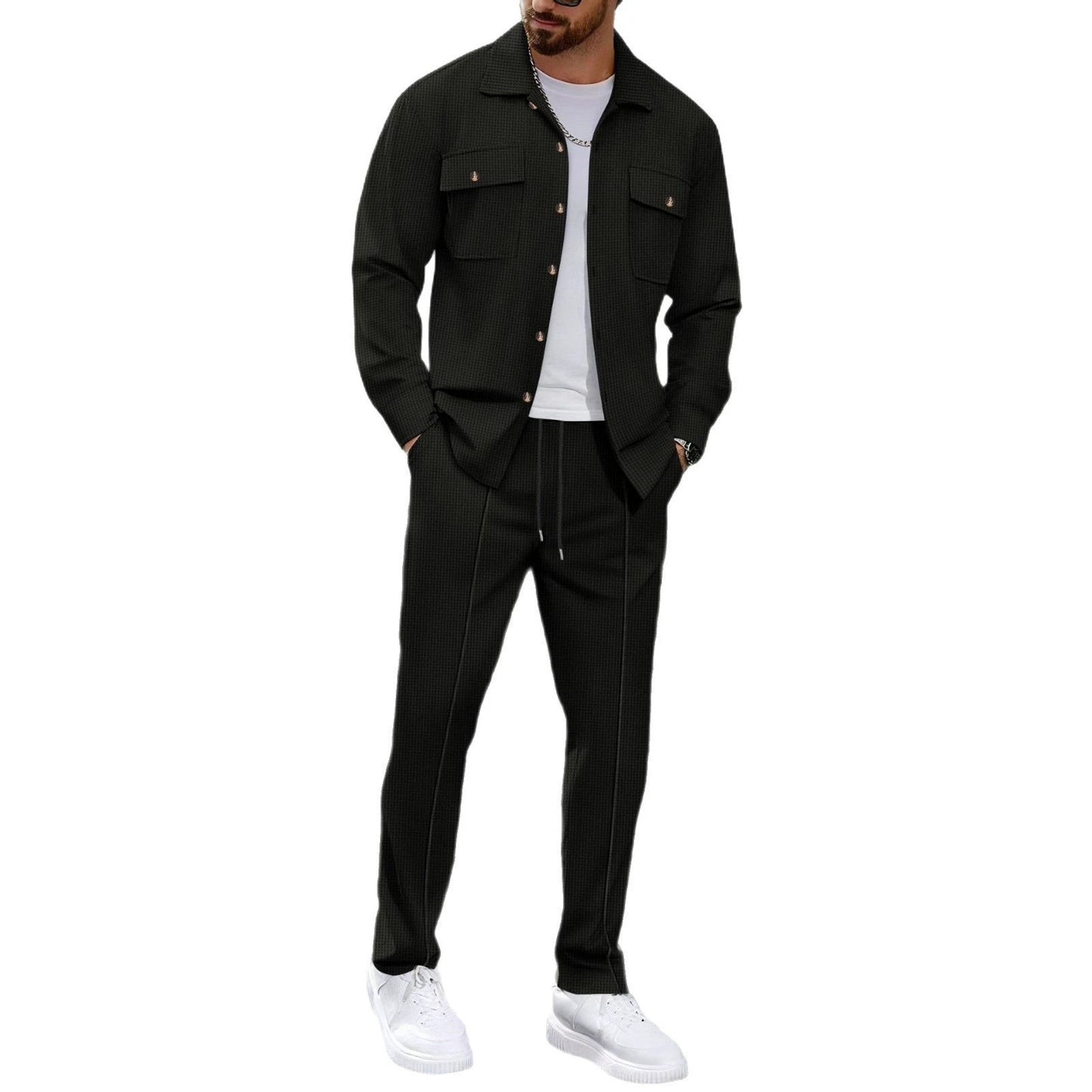 Autumn New Waffle Long-sleeved Trousers Two-piece Set Cardigan Shirt Suit by GJG Denim