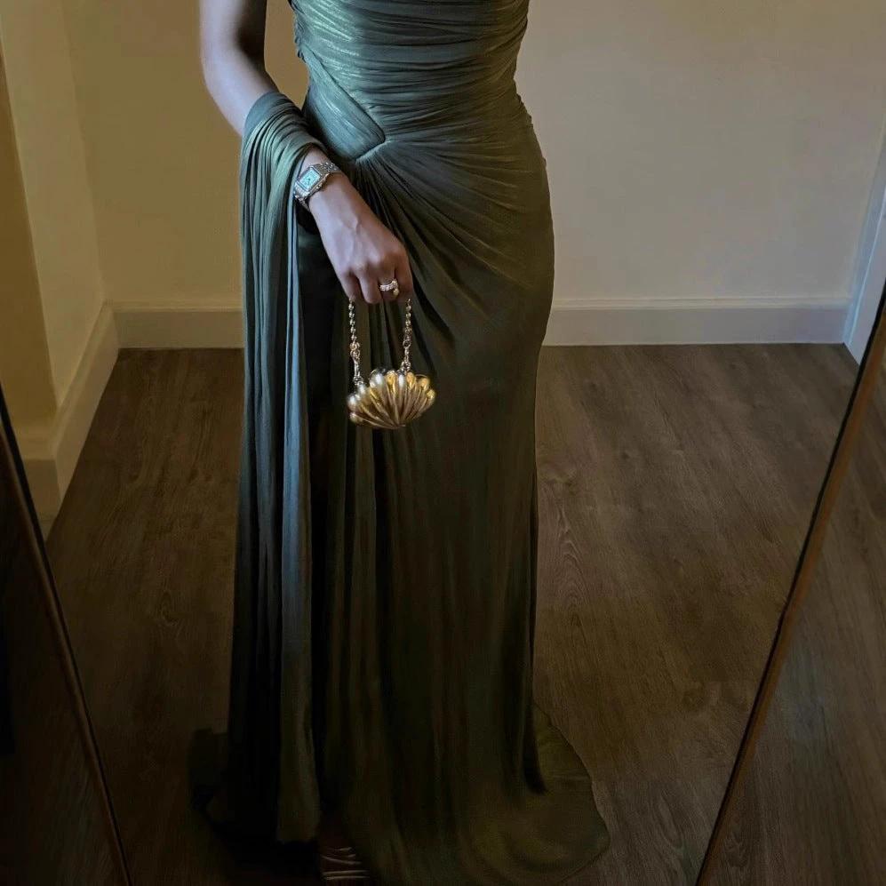 Pleated Ribbon Shiny Evening Dress by GJG Denim