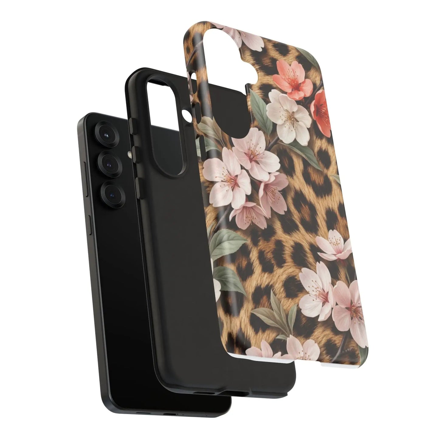 Leopard Floral Tough Case — Protective Phone Case with Pink Cherry Blossoms by Printify