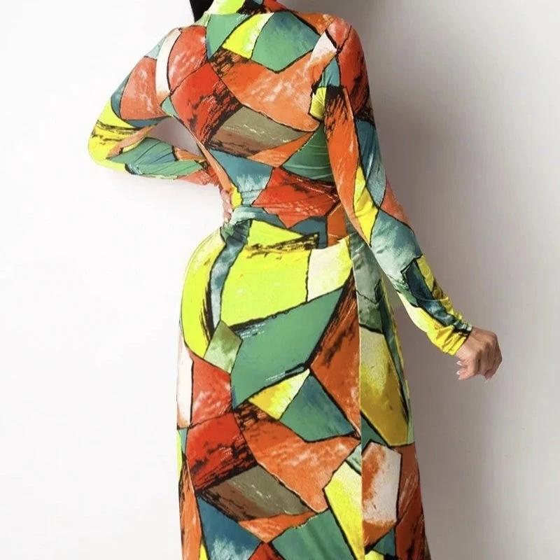 Ladies' Color Block Printed Sexy And Fashionable Slit Long Sleeved Dress by GJG Denim