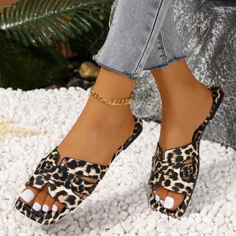 Leopard Print Square Toe Casual Sandals by GJG Denim