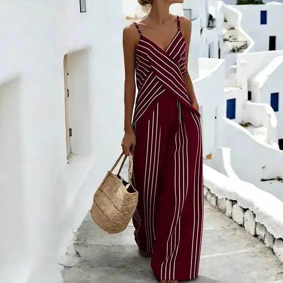 Striped Casual Womens V-Neck Sleeveless Set by GJG Denim