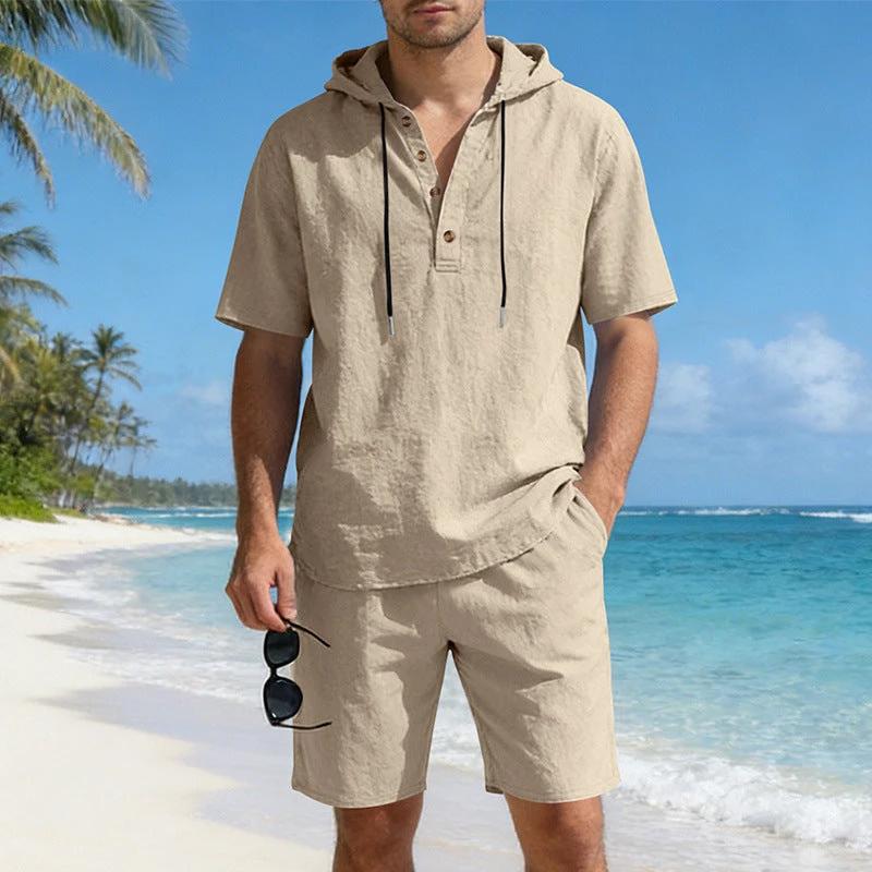 Mens Loose Breathable Linen Hooded Casual Set by GJG Denim