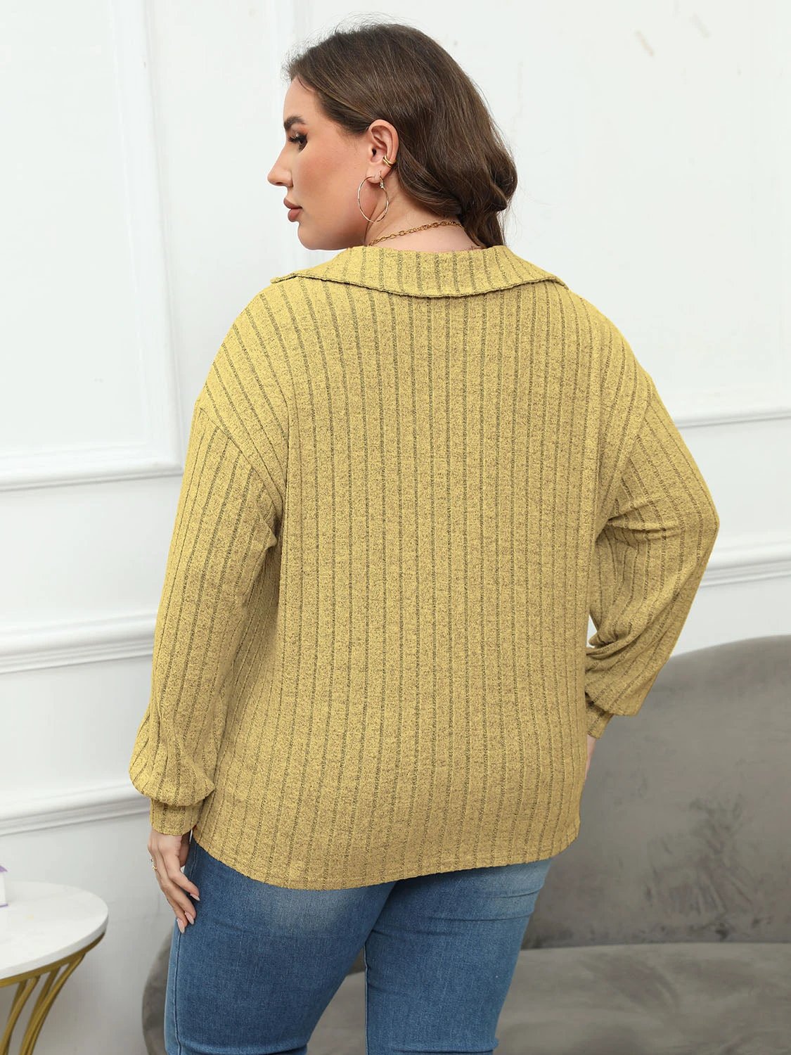 Plus Size Ribbed Collared Neck Long Sleeve Blouse by Lady Ros
