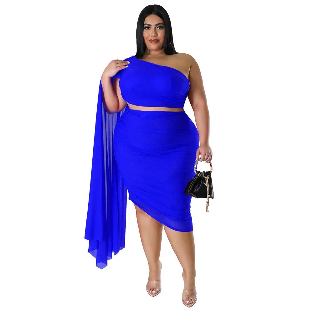 New Fashion Women's High-elastic Off-shoulder Long-train Sleeve Pleated Two-piece Set by GJG Denim