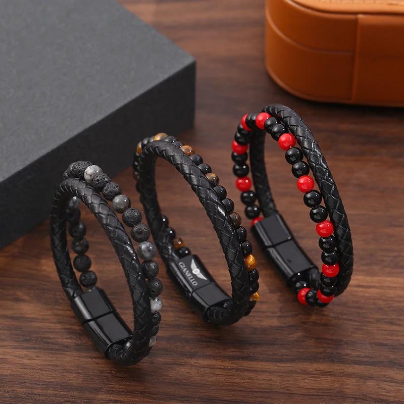 Men's Hand-woven Natural Tigereye Leather Beaded Bracelet by GJG Denim