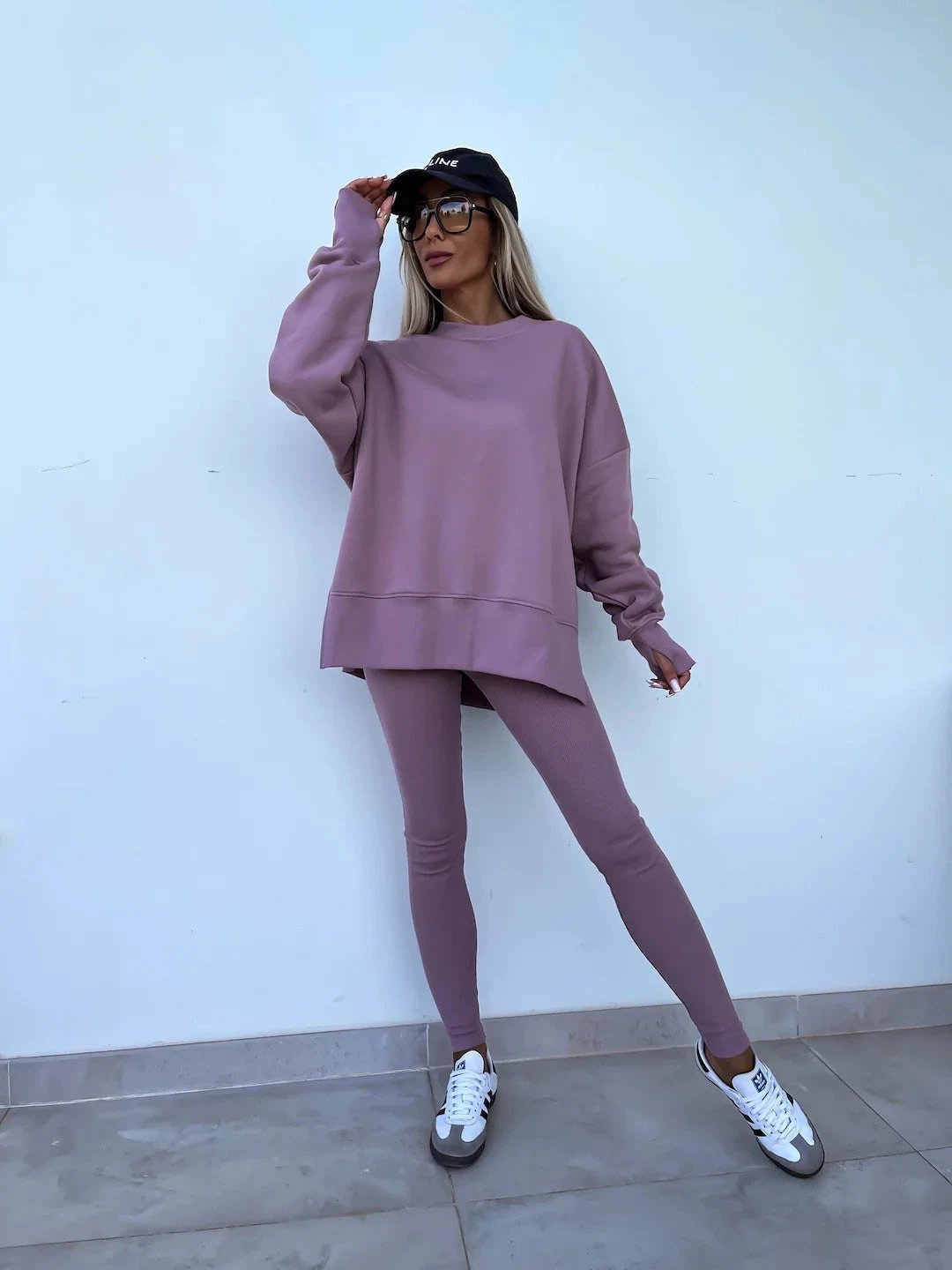 Sweater Suit Women's Casual Loose Long Sleeve Crew Neck Split Top Tight Trousers by GJG Denim