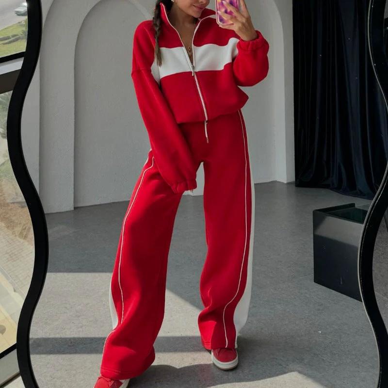 Women's Casual Advanced Contrast Color Comfortable Loose Sweater Pants Suit by GJG Denim