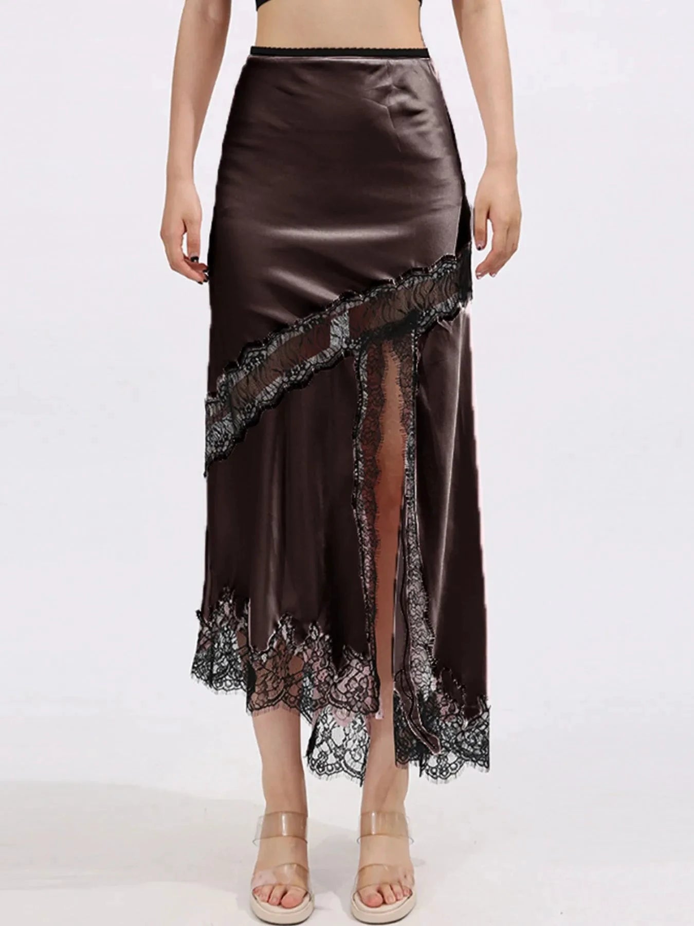 Lace Trim Asymmetrical Midi Skirt by Lady Ros
