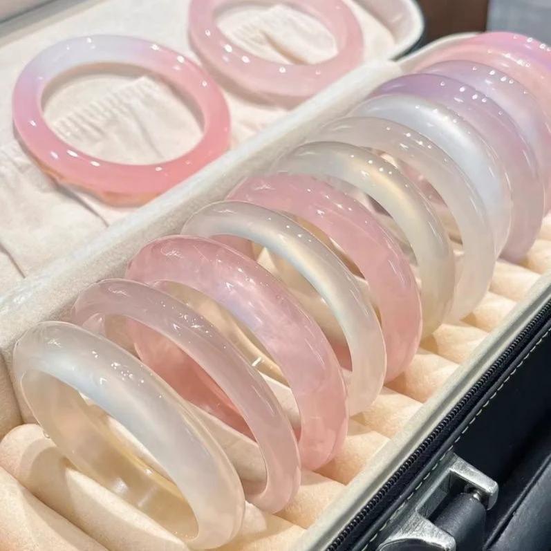 Ice-Translucent Lotus-Pink Quartzite Jade Round-Bar Noble Consort Jade Bracelet by GJG Denim