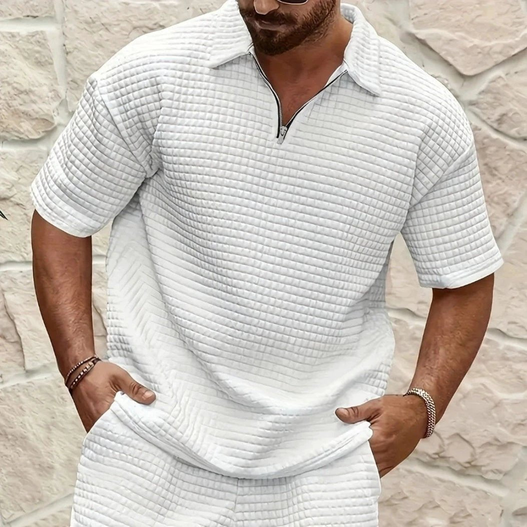 Men's Casual Jacquard Short-Sleeve Polo Shirt And Shorts Set by GJG Denim