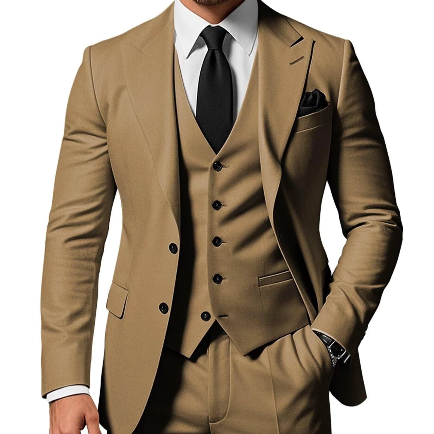 Men's Solid Color 2-piece Buckle Casual Jacket Vest Pants Suit by GJG Denim
