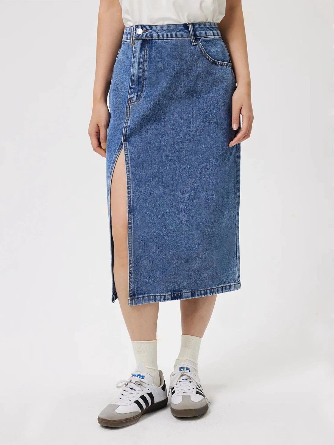 Slit Midi Denim Skirt with Pockets by Lady Ros