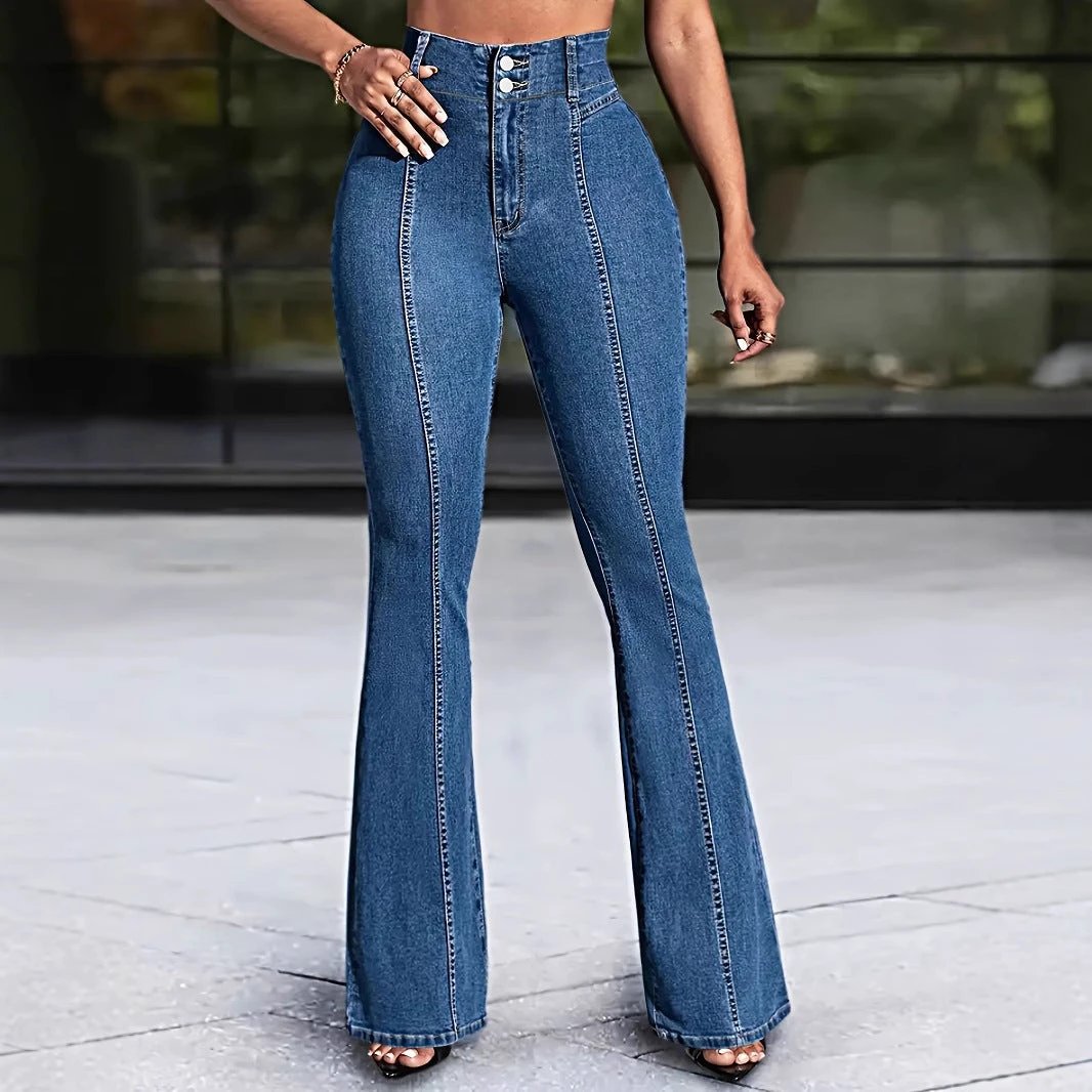Front And Rear Stitching High Slimming Elastic Mid-waist Flared Jeans by GJG Denim