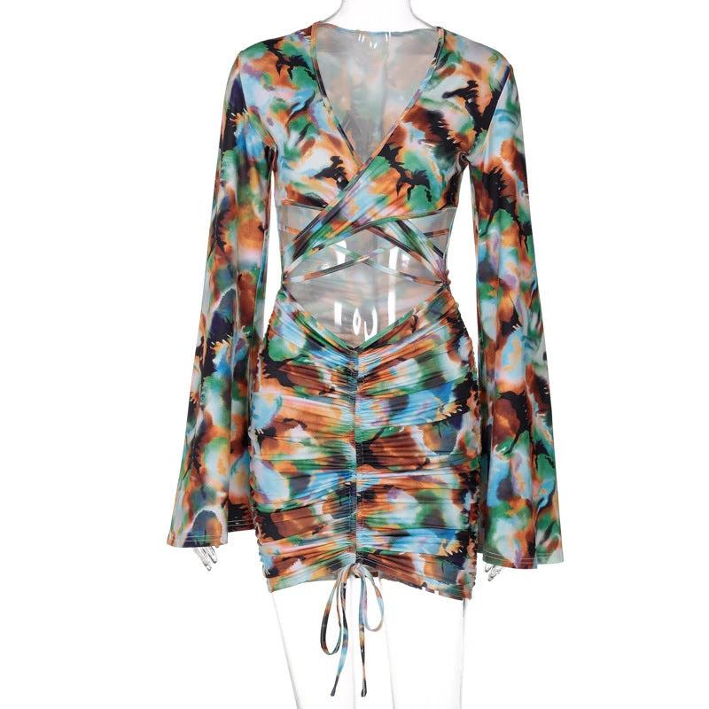 Women's Printed V-Neck Tie Long Sleeve Drawstring Hip Wrap Dress by GJG Denim