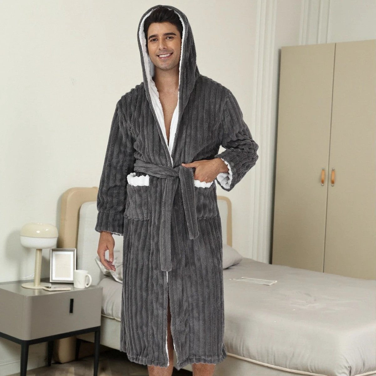 Men's Thick Flannel Long Hooded Bathrobe by GJG Denim