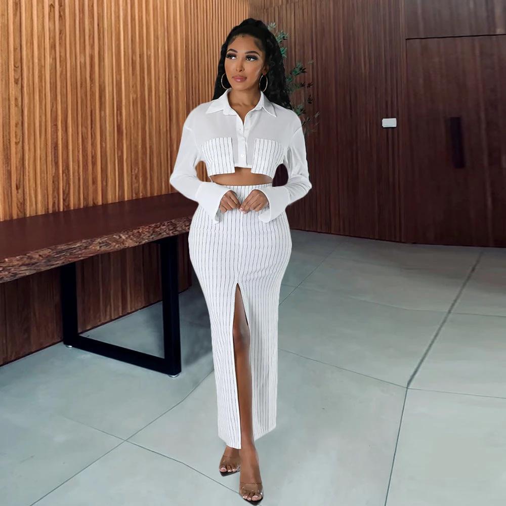 Autumn And Winter Women's Shirt Midriff-baring Long Sleeve Top Elastic Waist Skirt Suit by GJG Denim