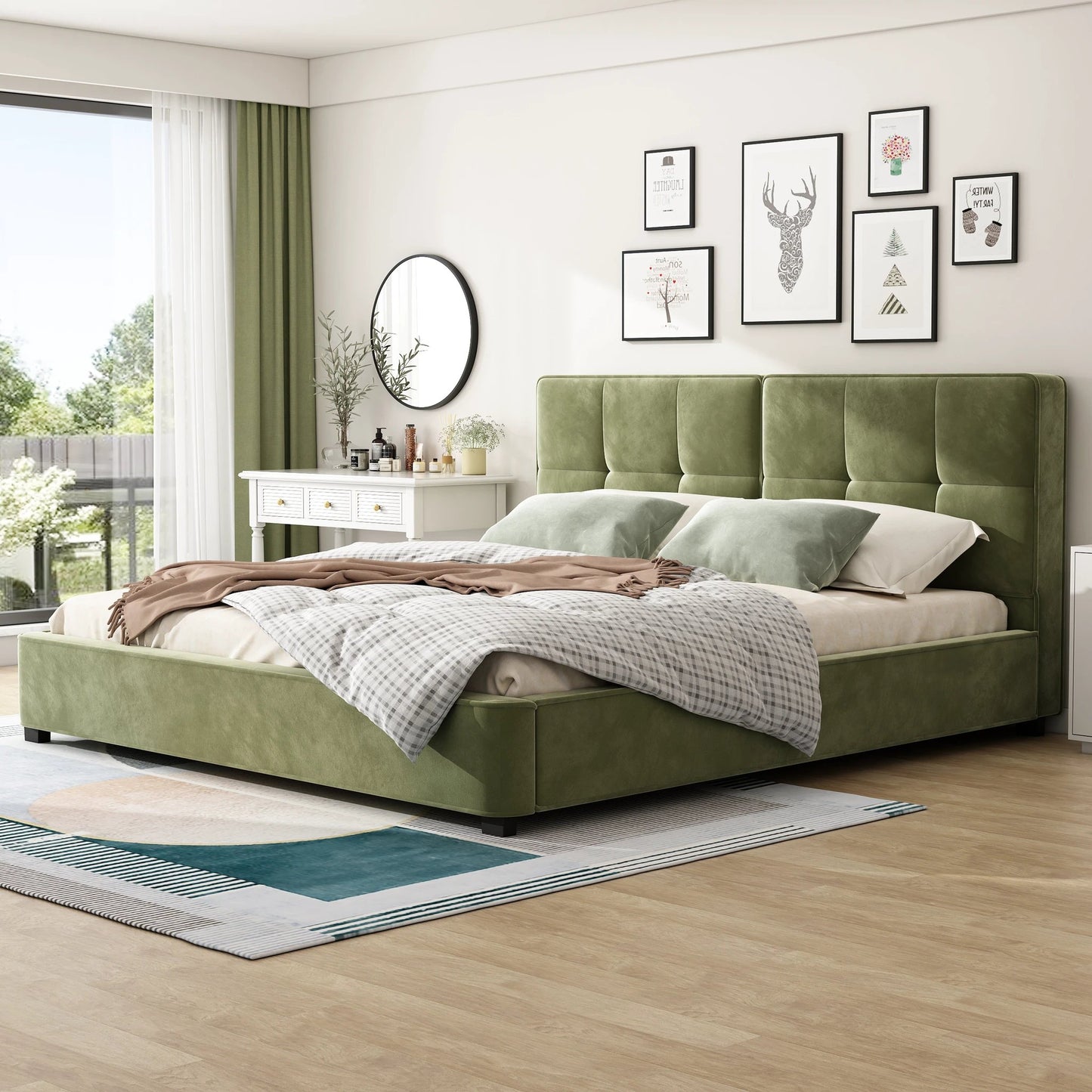 King Size Velvet Bed Frame, Upholstered Platform Bed With Curved Tufted Headboard, Soft Square Corners, Olive Green by GJG Denim