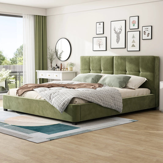 King Size Velvet Bed Frame, Upholstered Platform Bed With Curved Tufted Headboard, Soft Square Corners, Olive Green by GJG Denim