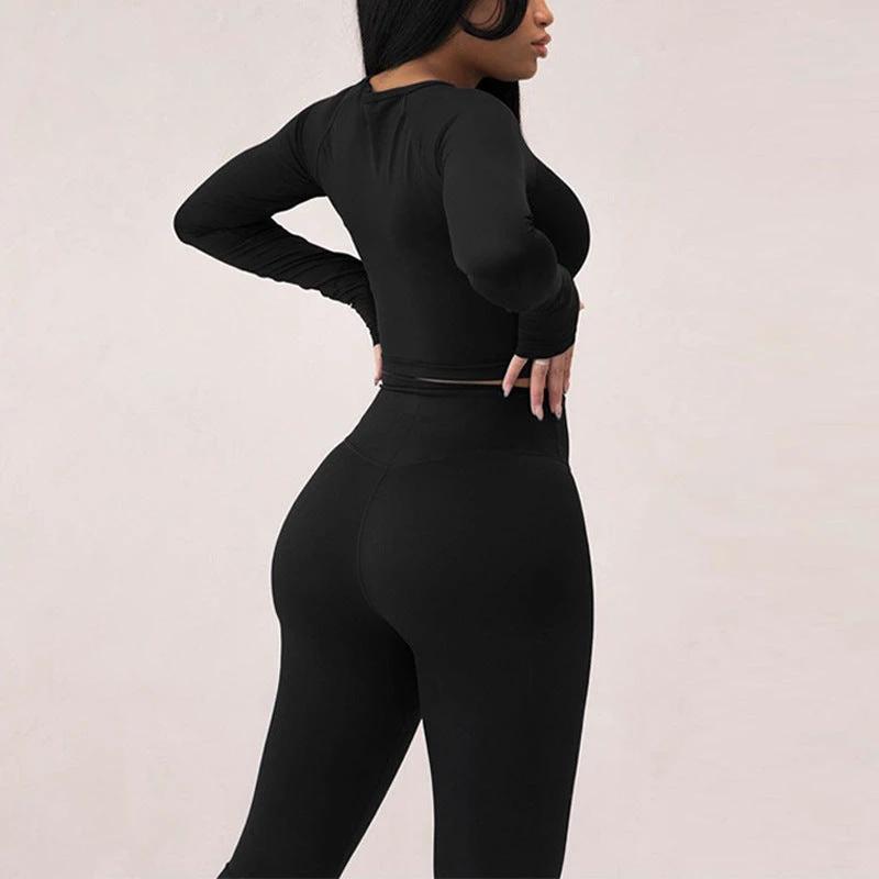Long Sleeve Round Neck Top Package Hip Skinny Trousers High Elastic Sports Yoga Body-hugging Suit by GJG Denim