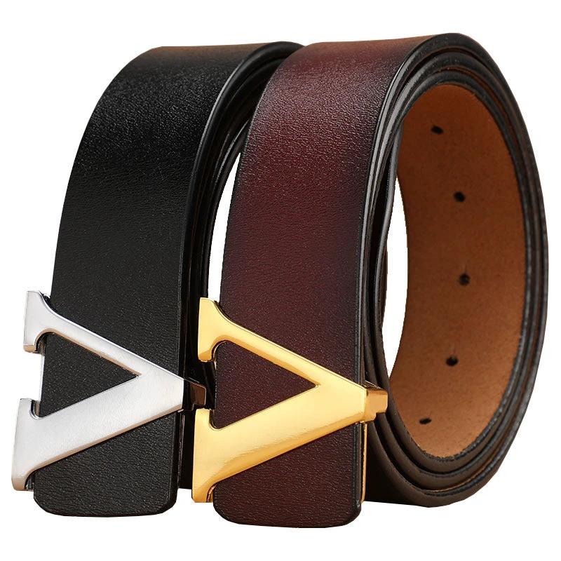 Men's Retro Smooth Genuine Leather Pure Cowhide Letter V Belts by GJG Denim