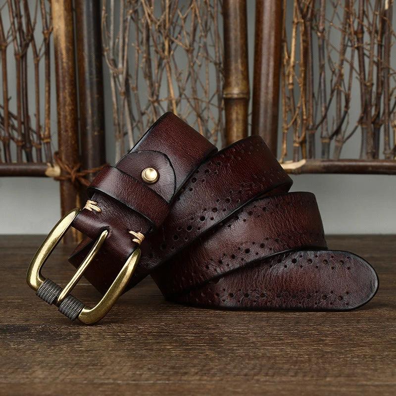 Hollowed-out First-layer Cowhide Pin-buckle Belt For Men by GJG Denim