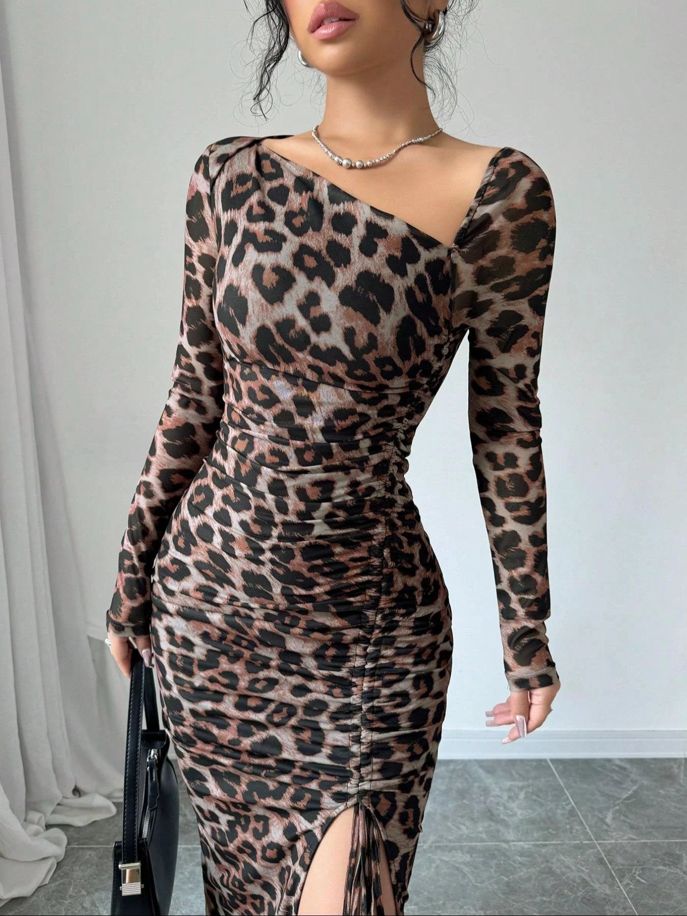 New Women's irregular V-Neck Long Sleeve Sexy Leopard Print Dress by GJG Denim