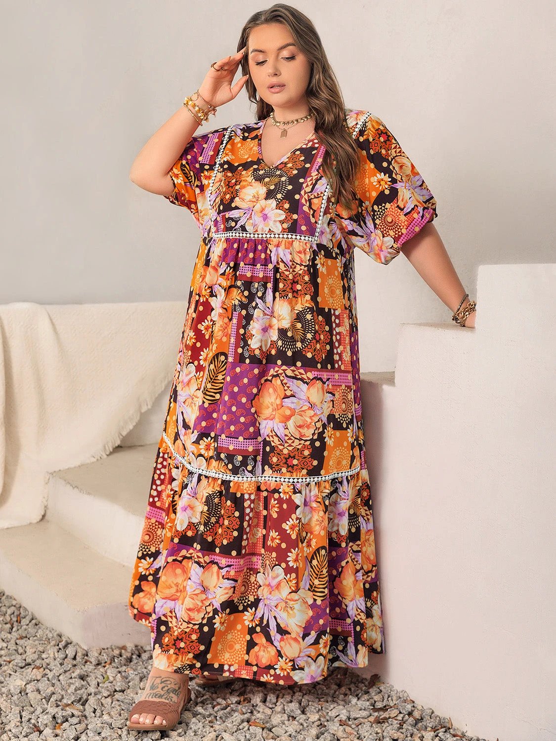 Plus Size Printed V-Neck Half Sleeve Maxi Dress by Lady Ros