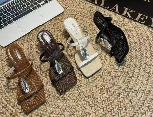 French Wedge Sandals For Women, Summer New Arrival Fairy Style square toe Thin Strap T-Strap Buckle Elegant Rhinestone Dress Sandals by GJG Denim