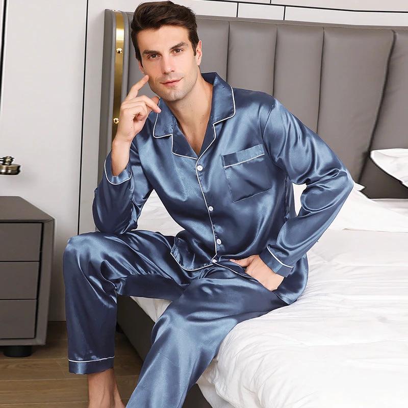 Men's Silk Long Sleeve Pajamas Suit by GJG Denim