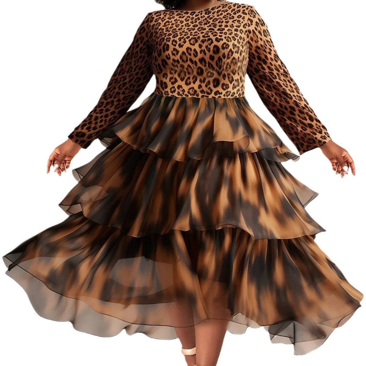 Elegant Leopard Print Cake Dress Plus Size Long Sleeve by GJG Denim
