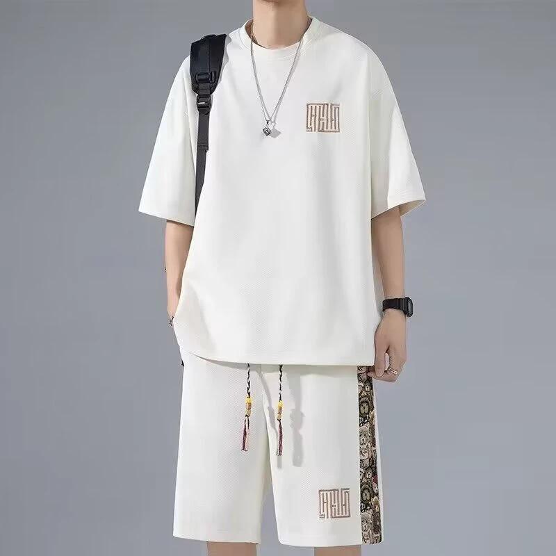 Waffle Embroidery Summer Loose All-match Short Sleeve Two-piece Set by GJG Denim