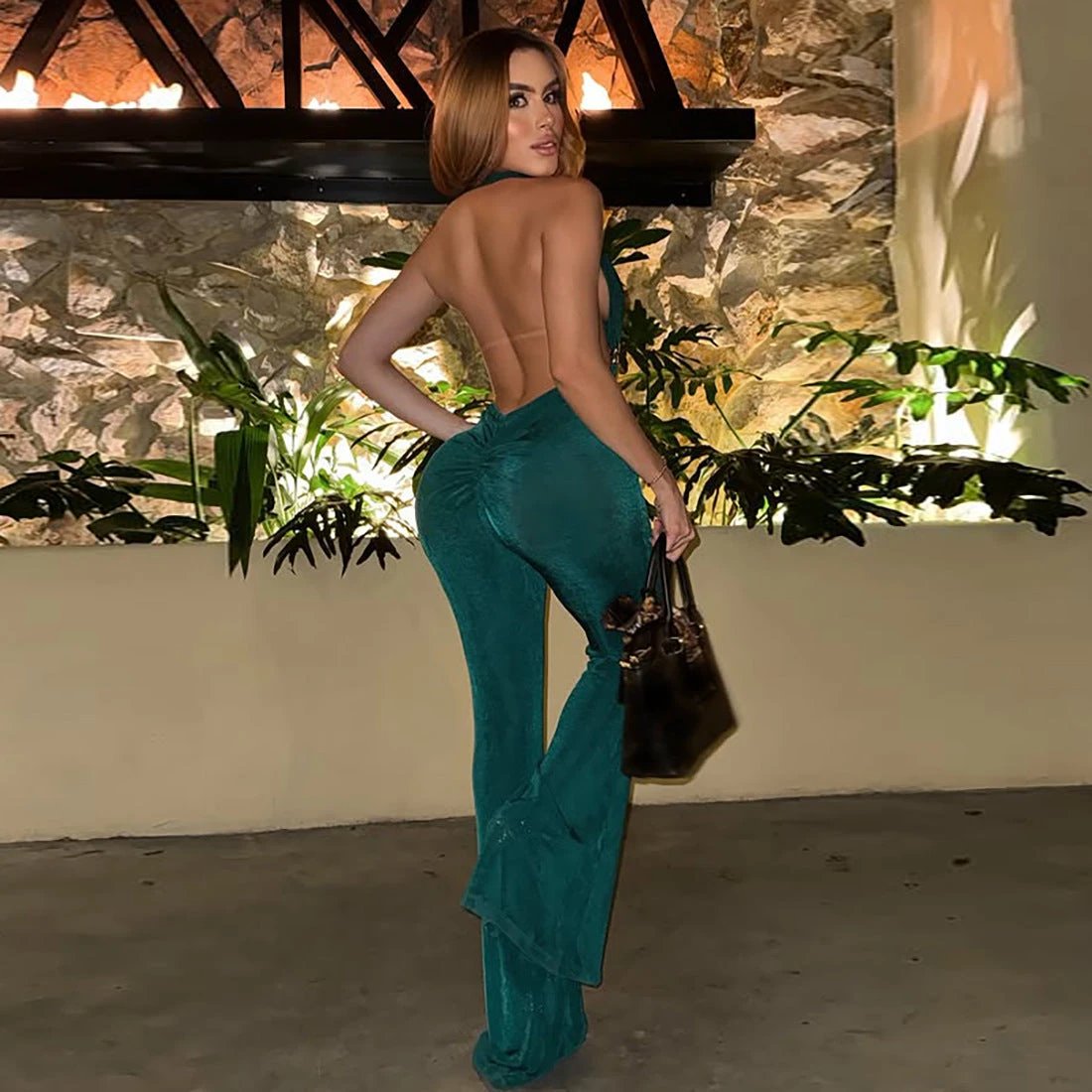 Womens Stylish Sexy Halterneck Backless Bandeau-style Flared Jumpsuit by GJG Denim