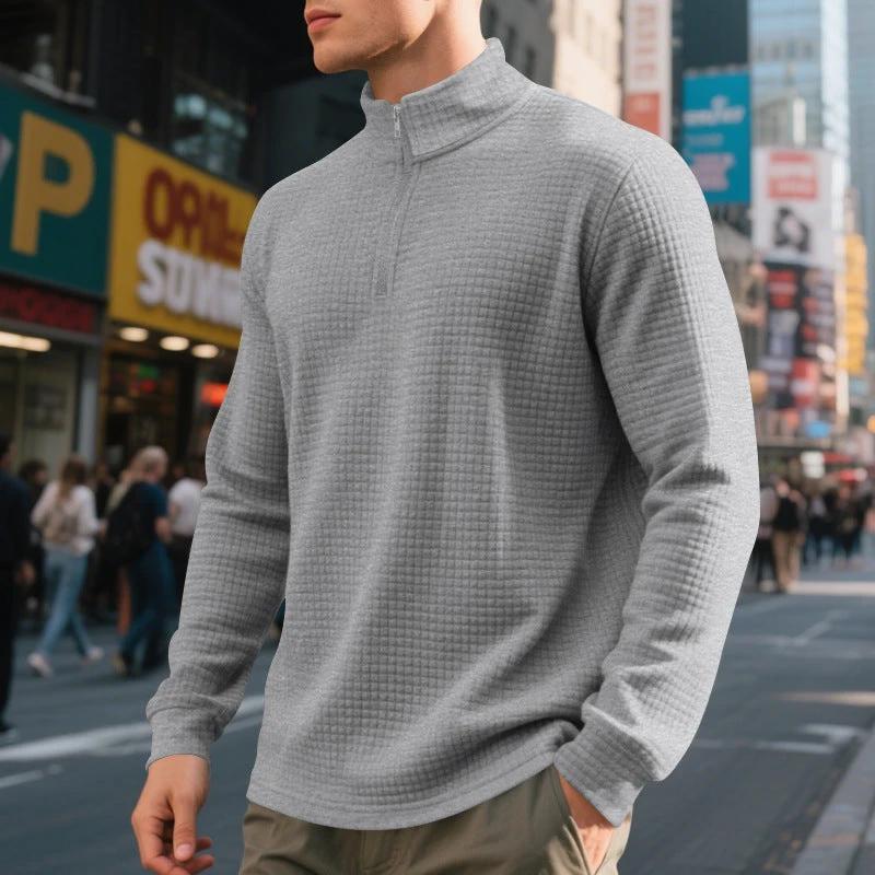 Men's Stand Collar Half Zip Small Plaid Sweater by GJG Denim
