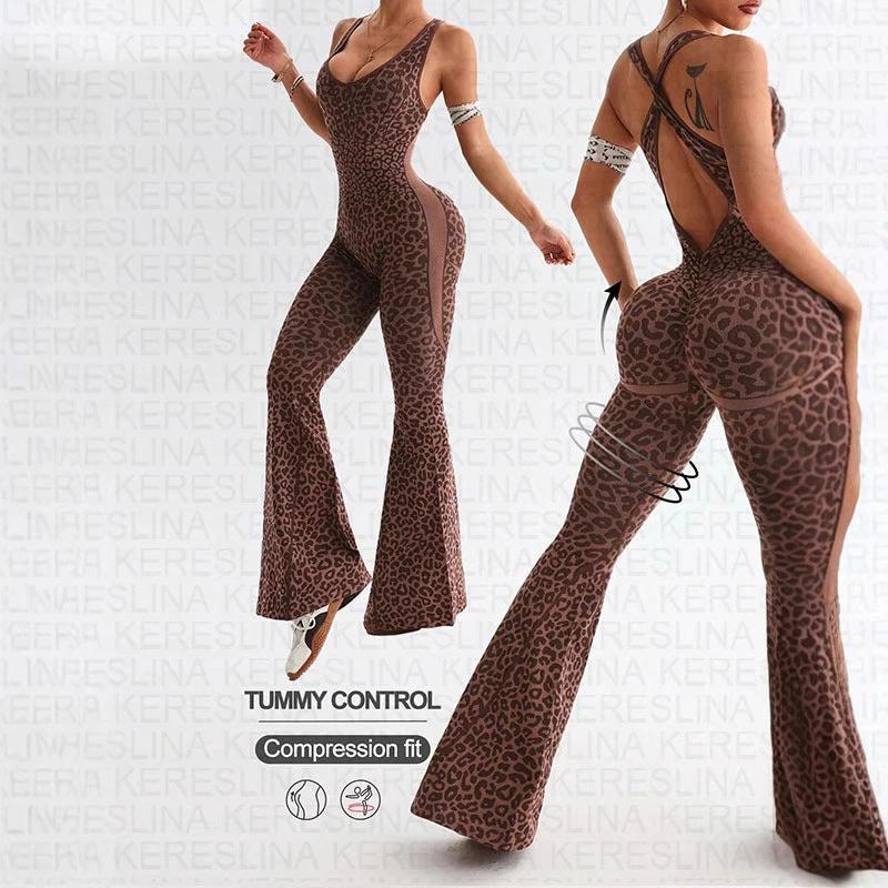 Leopard Print Printed V-neck Backless Slim Fit Halter Jumpsuit by GJG Denim