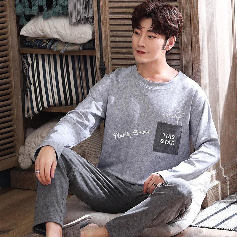 Men's Casual Knitted Long Sleeve Round Neck Pajama Set by GJG Denim