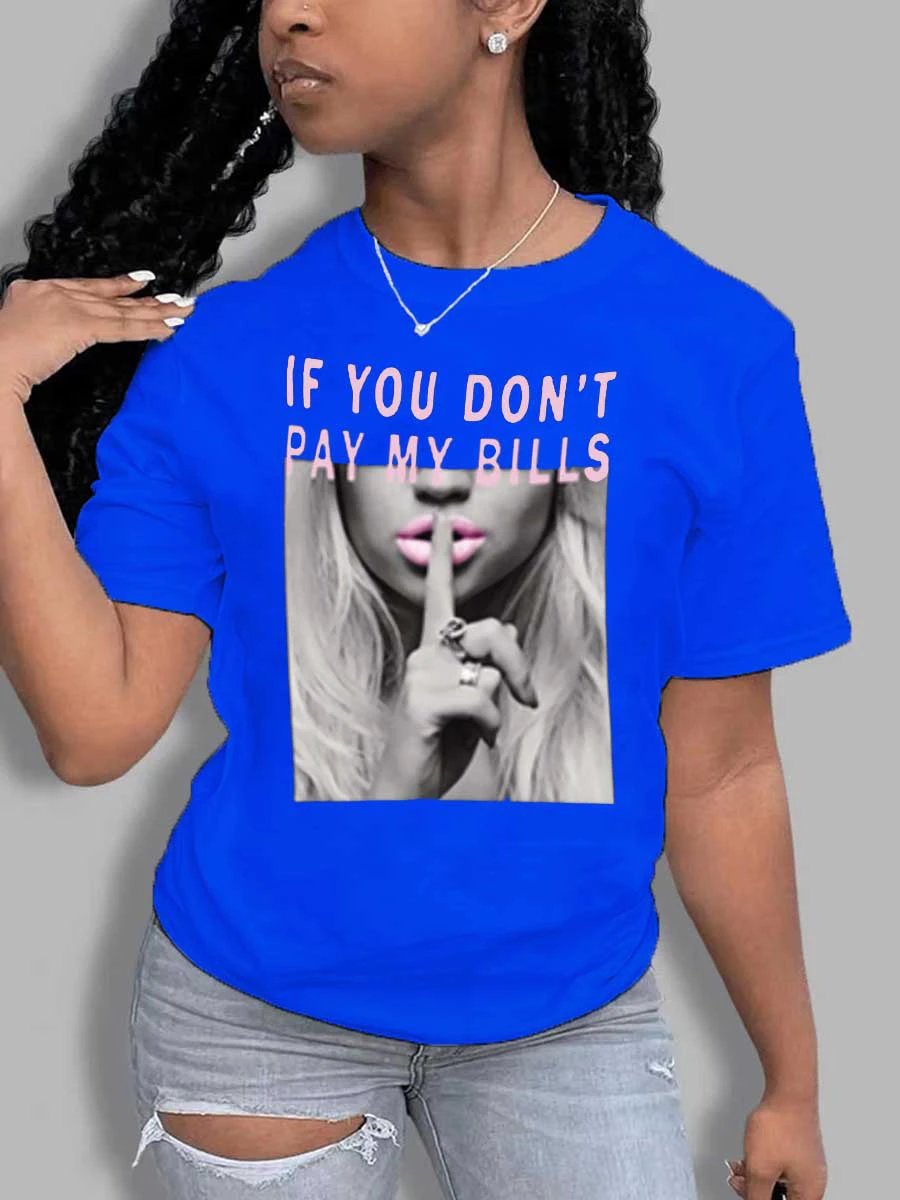 Letter Print T-shirt Summer Round Neck Tops Women by GJG Denim