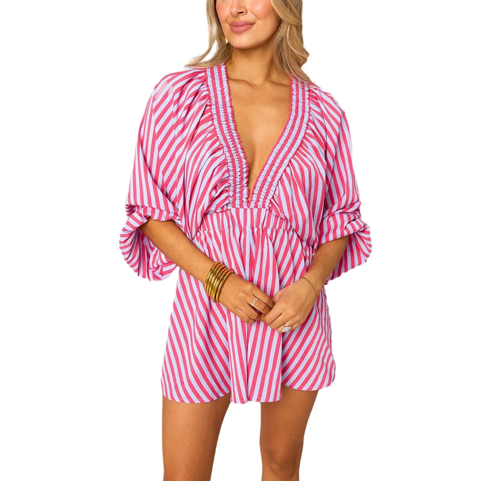 Shirt Slimming Casual Loose Deep V Wide Leg Short romper by GJG Denim