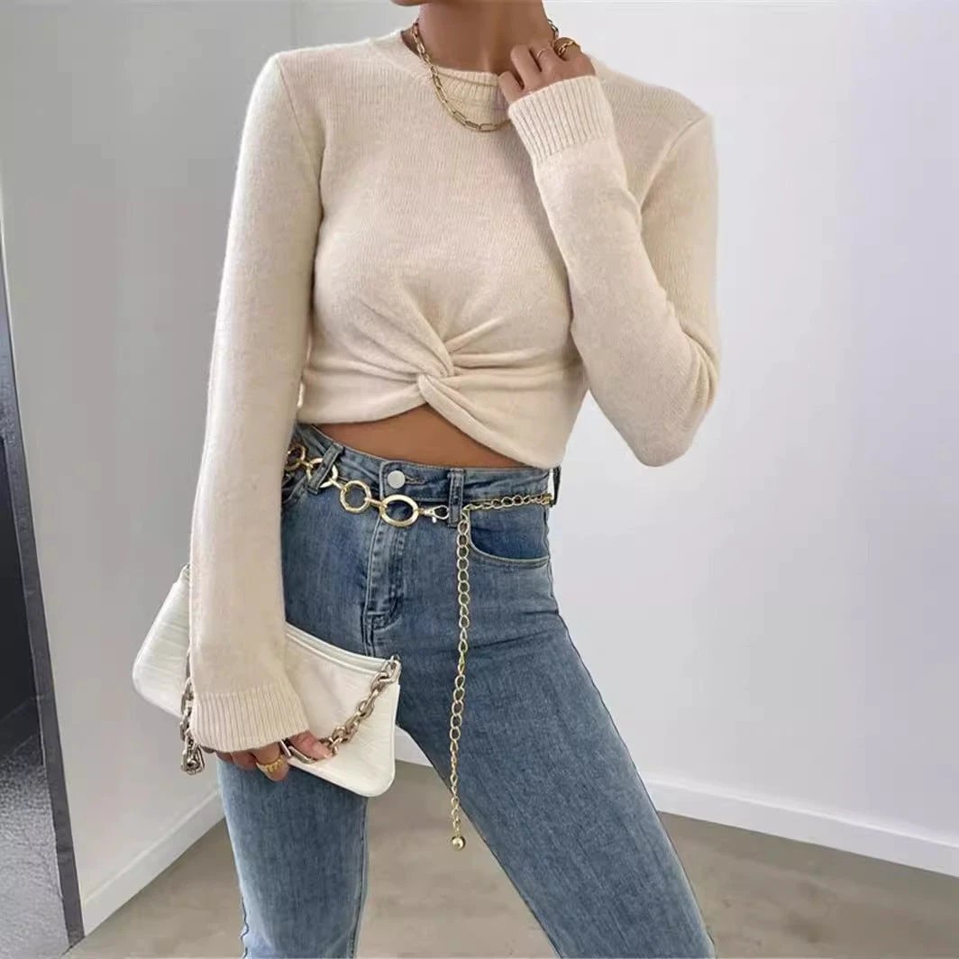 Round Neck Design Cross Knitted Top Sweater For Women by GJG Denim